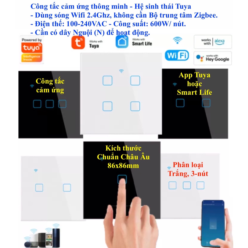 Công tắc thông minh Wifi, chuẩn Châu Âu 86x86 mm, hệ sinh thái Tuya / Smart Life -