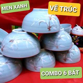 Bộ 6 bát cơm men xanh Bát Tràng vẽ Trúc | Không chì, cadimi, cho được vào máy rửa bát, lò vi sóng