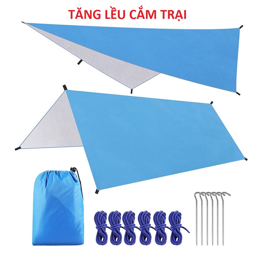 Tấm tăng/tarp lều tráng bạc chống UV kèm cọc chống, dễ dàng tùy biến với nhiều kiểu setup tiện cho chuyến đi dã ngoại
