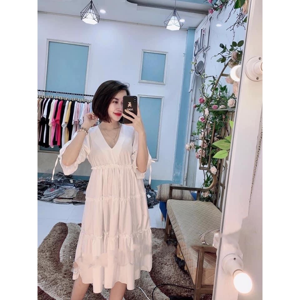 Váy bầu trắng dáng babydoll xếp bèo tầng- Đầm bầu tay cách điệu sang chảnh mặc đi làm đi chơi đều đẹp V272