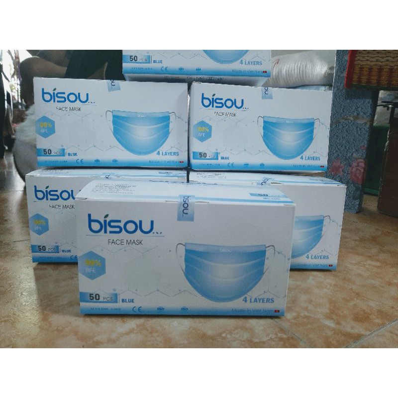 Khẩu Trang Y Tế kháng khuẩn BISOU XANH 4 lớp - hộp 50 cái