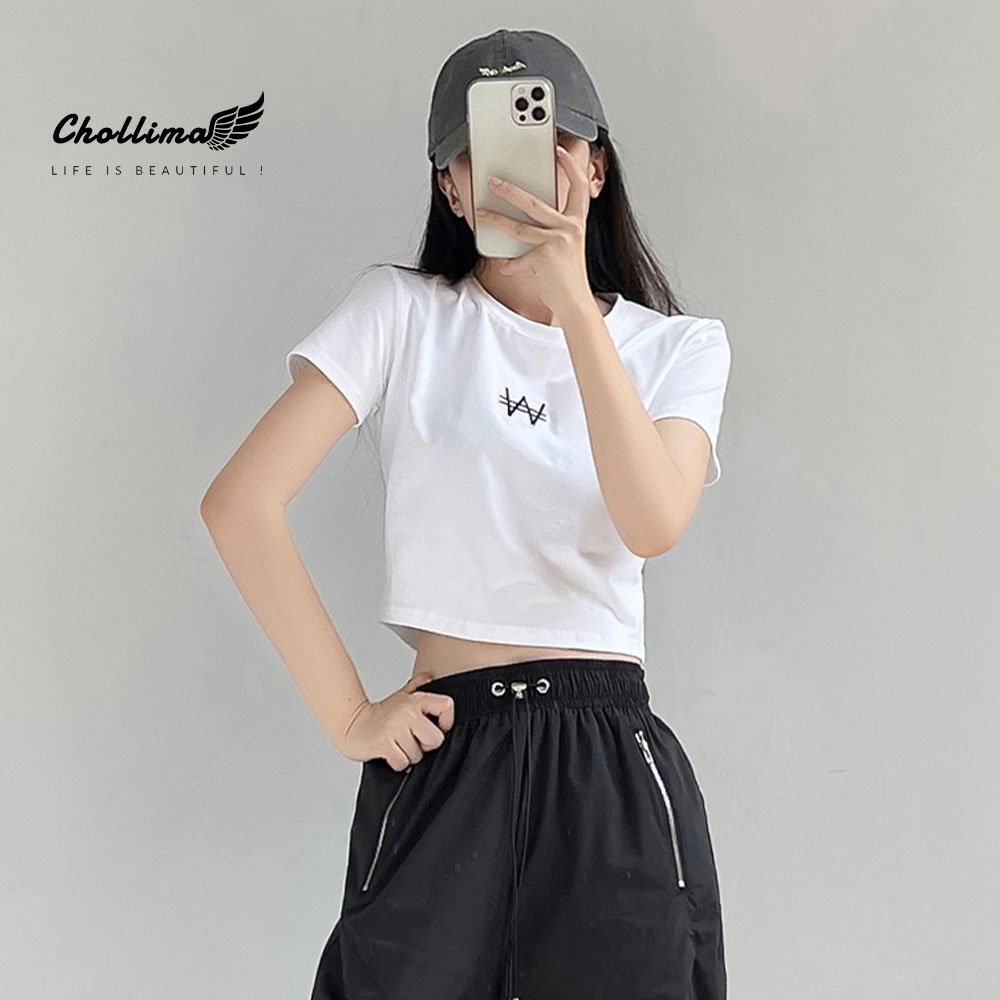 Áo thun croptop tay lỡ Chollima thêu chữ W chất vãi dày dặn co giãn 4 chiều AT454