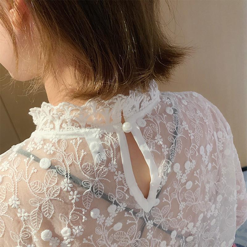 Áo Ren Phối Lưới Mỏng Cổ Lọ Dáng Rộng Xinh Xắn Giúp Che Nắng Cho Nữ