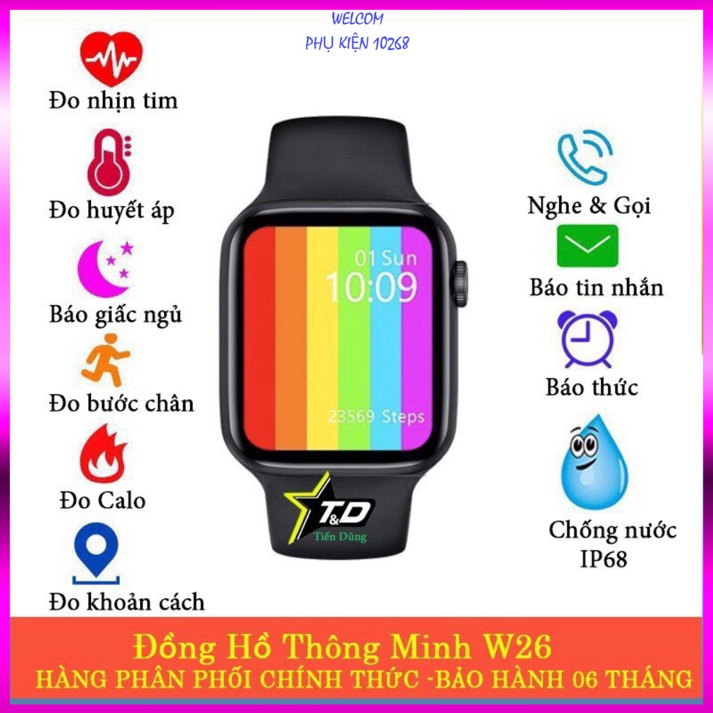 Đồng hồ thông minh W26 HiWatch 6, Nghe gọi, màn hình tràn viền, chống nước IP68, thay được dây Apple Watch (2020)