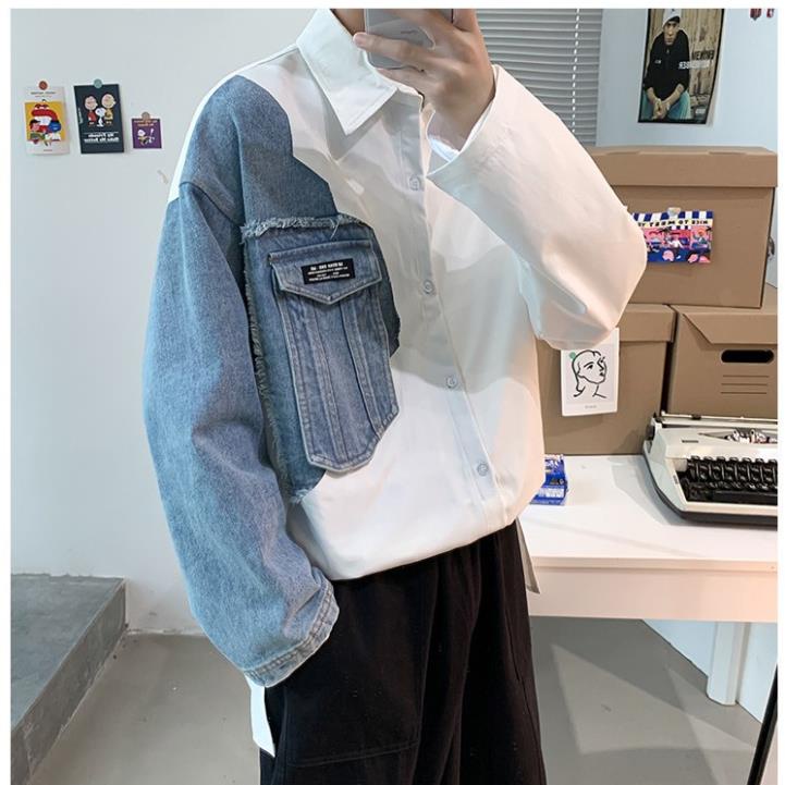 Áo Sơ Mi Dài Tay Phối Demin Unisex Cho Cả Nam Và Nữ Vải Kate Hàn Đẹp và Thấm Hút Mồ Hôi