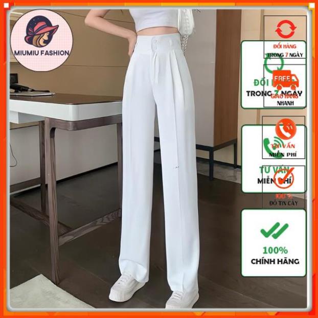 Quần Ống Rộng Lưng Cao 2 Khuy Dáng Dài, Quần Ống Suông Cạp Cao 2 Cúc Phong Cách Hàn Quốc Trẻ Trung Năng Động