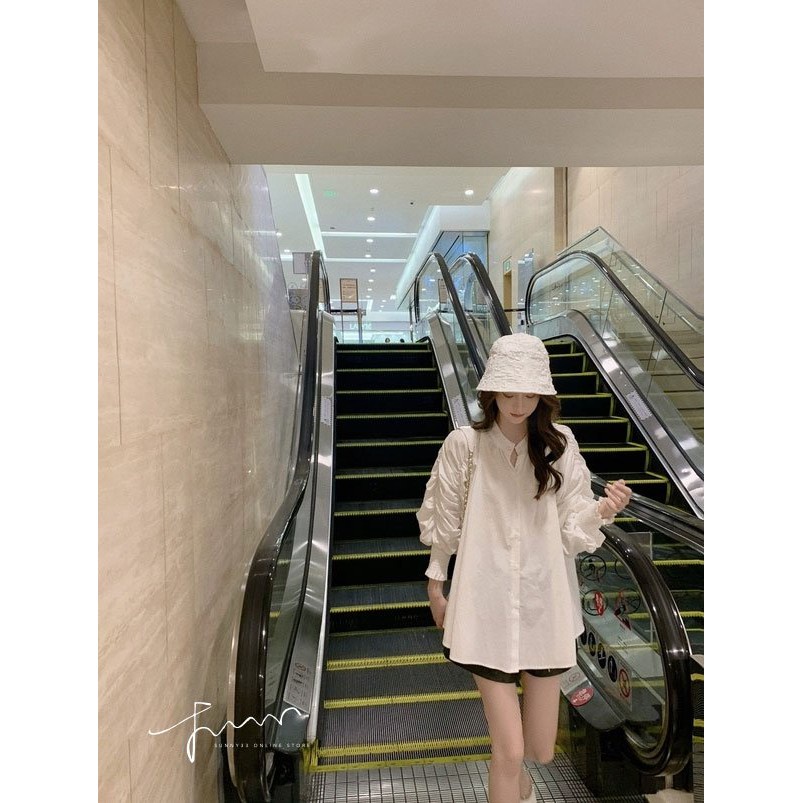 Áo Sơ Mi Nữ Trắng Cổ Tàu 🦋 Áo Sơmi Dài Tay Nhúm Ulzzang