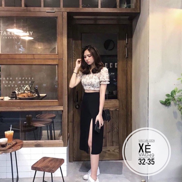 Bigsize Váy vải đen xẻ VAD49(32-35)