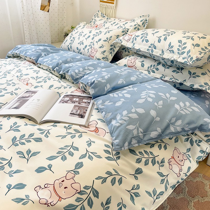 Bộ Chăn Ga Gối Cotton Poly Hizun Mẫu Hoa Heo Xanh