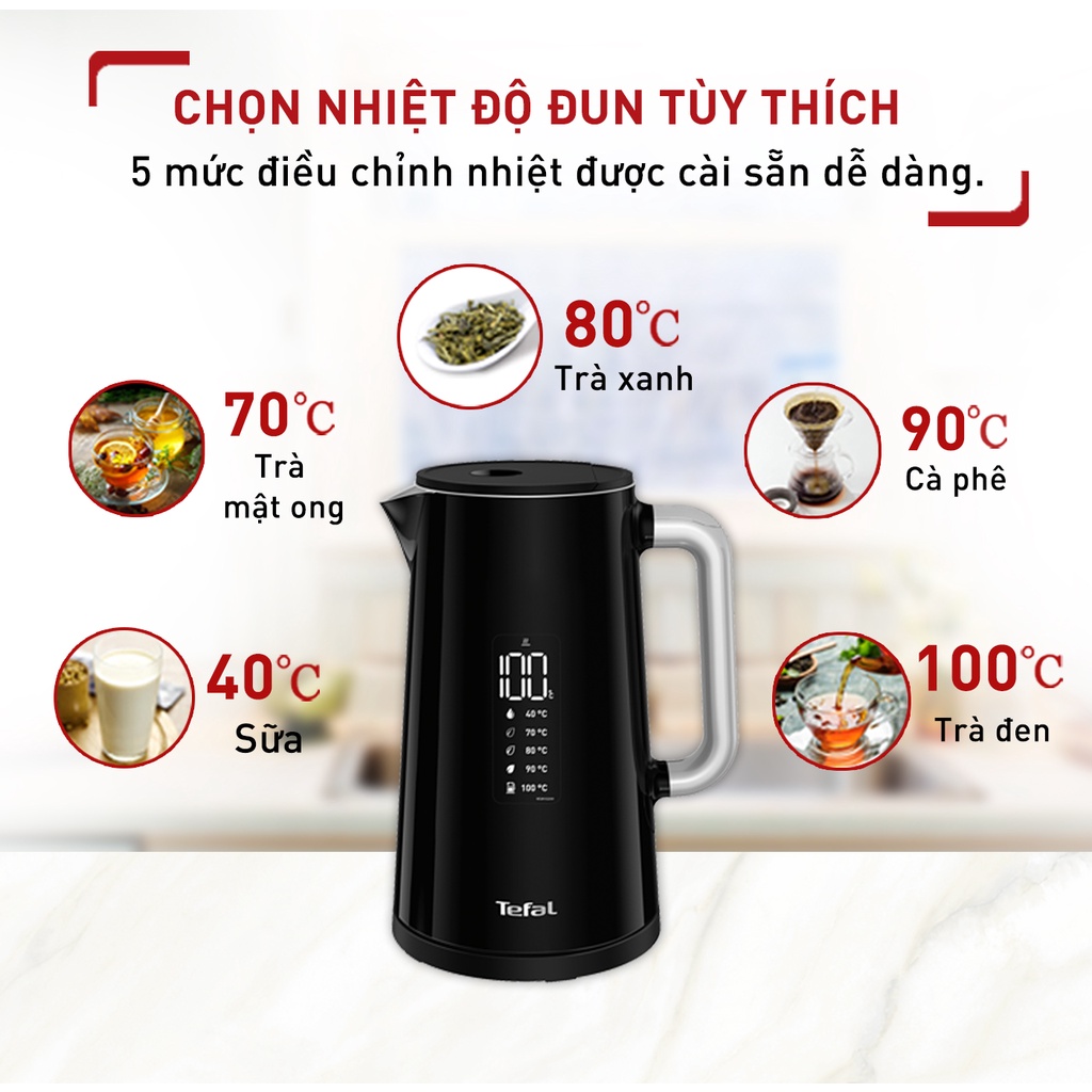 Bình đun siêu tốc Tefal 1.7L Smart & Light KO850810 - 1800W - Màn hình điện tử - Toàn thân thép chống gỉ - Chính Hãng