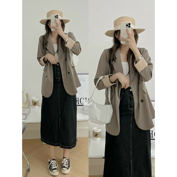 Áo vest blazer tay gấp phối màu hai lớp vải tuyết mưa