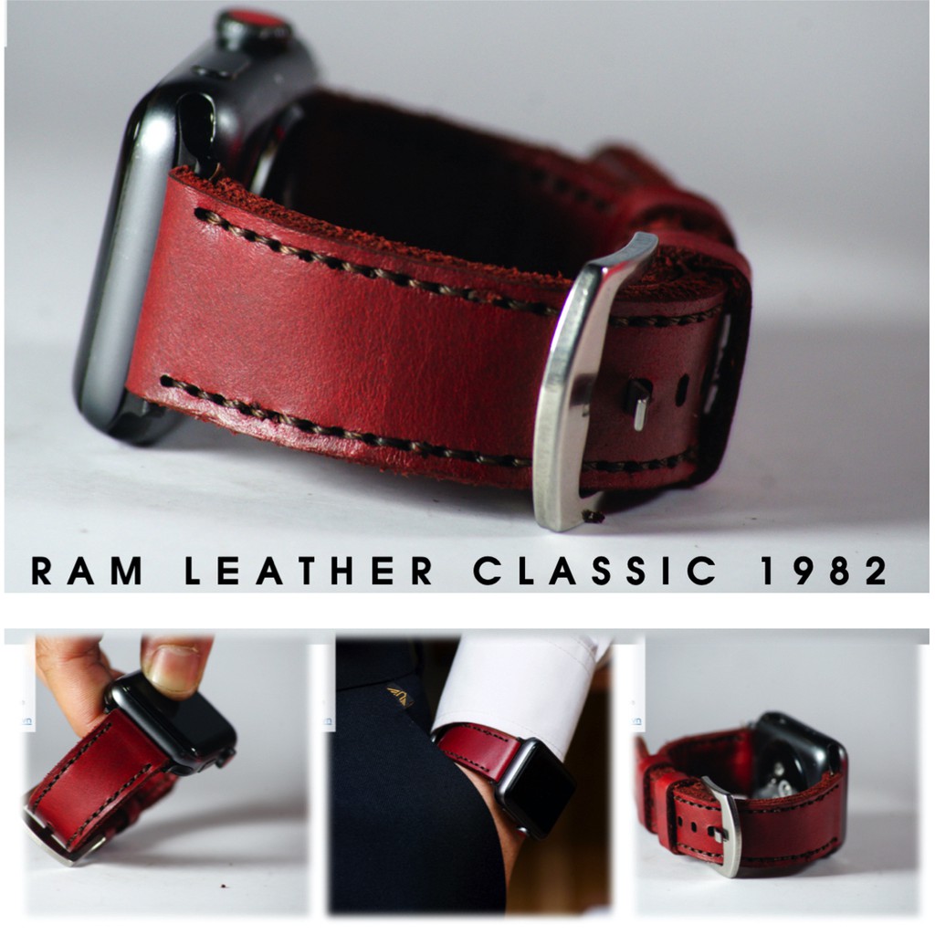 Dây apple watch da bò đỏ đô handmade bền chắc cực đẹp RAM Leather classic 1982 - tặng khóa chốt và cây thay dây