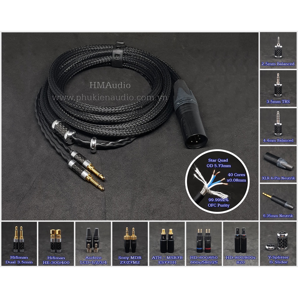 Dây tai nghe đồng OFC bọc chống nhiễu CANARE - Connector Dual mini 3.5mm - Hifiman Ananda Arya Susvara Sundara