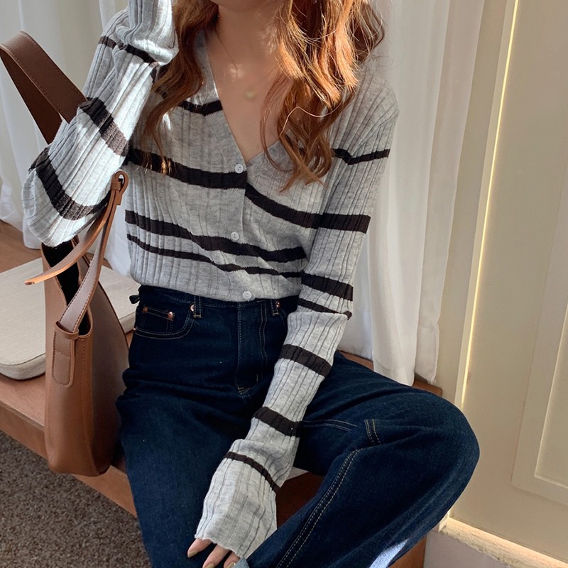 Áo Khońc Cardigan Dệt Kim Cổ Chữ V Tay Dài Họa Tiết Kẻ Sọc Trẻ Trung Cho Áo Len Nữ