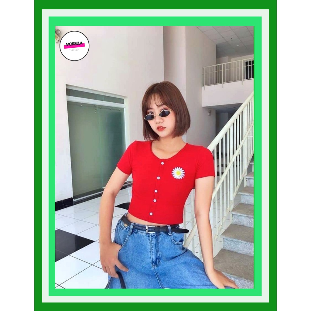 [GIÁ SỈ] Áo croptop nữ đính nút thêu HOA CÚC cực xinh nhiều màu/ hoa cúc/ ao thun (ẢNH THẬT)