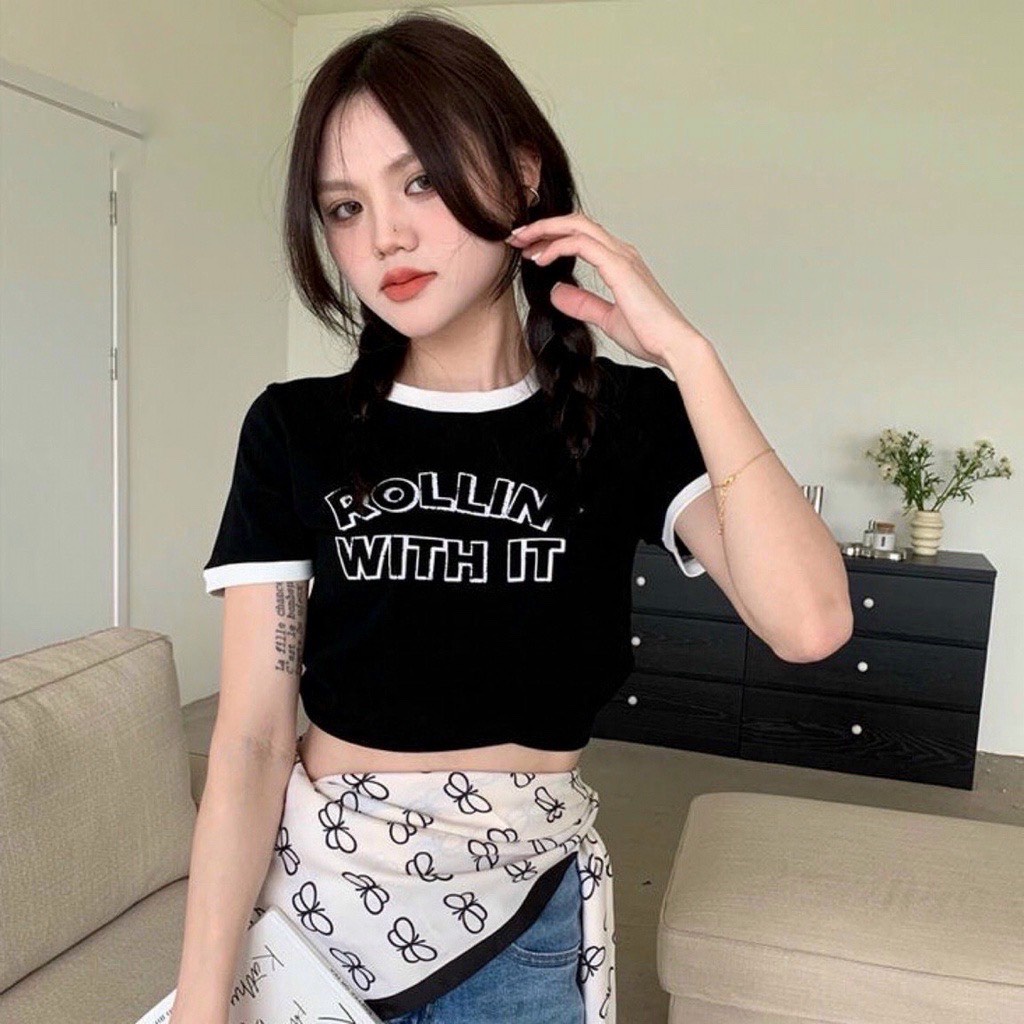Áo Thun Croptop Tay Ngắn Hoạ Tiết In Chữ ROLLIN Phối Viền Cực Xinh