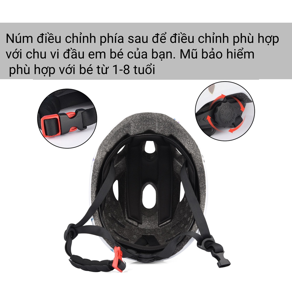 Mũ bảo hiểm  siêu nhẹ cho bé, vỏ mũ bằng nhựa PC cao cấp hạt xốp EPS chuyên dụng, sử dụng cho bé 1-8 tuổi