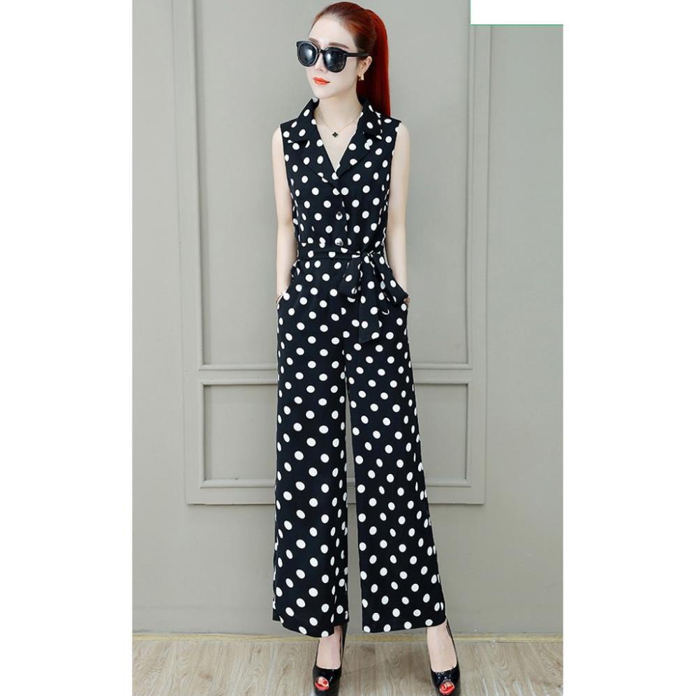 Đồ Bay Đẹp 💥FREESHIP💥 Jumpsuit dài chấm bi ống suông cổ sơ mi thắt nơ eo TJ1004 CSM