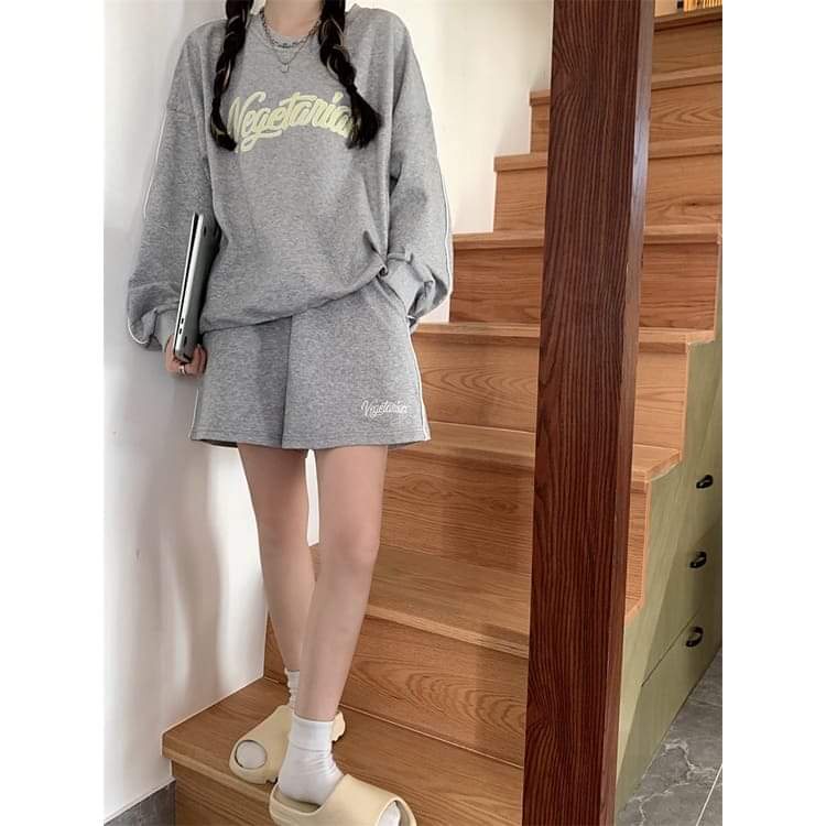 Bộ Dài Tay Kẻ 1 Sọc Vege PEONYB Unisex [FREESHIP]  Set đồ quần short đùi kèm thun sweater in hình vintage hàn quốc