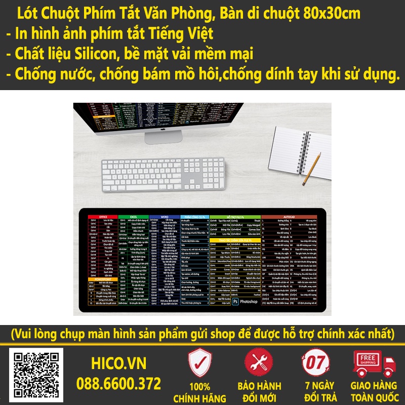 Bàn Di Chuột, Lót Chuột Phím Tắt Văn Phòng Office Photoshop Thiết Kế Bảng Tiếng Việt, Siêu Bền Đẹp, May viền chắc chắn