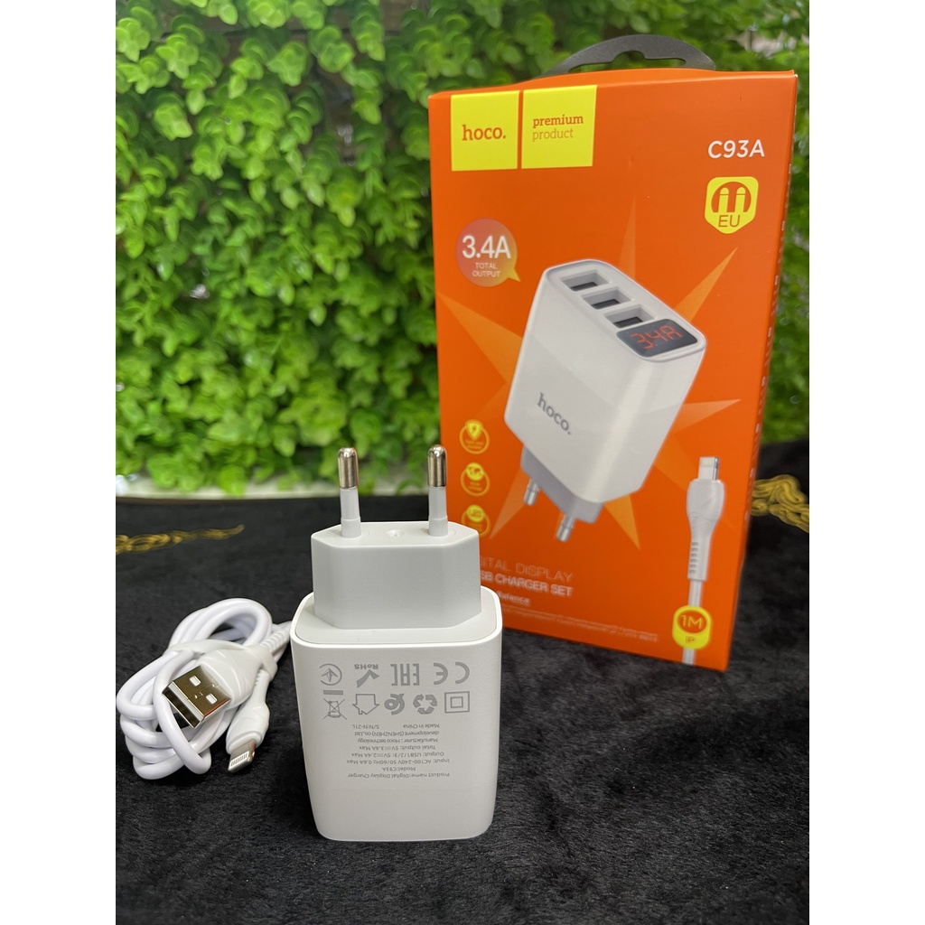 Bộ Củ Sạc Hoco C93A Với 3 Cổng USB, Đèn Led Hiển Thị Dòng Có Lựa Chọn Loại Dây Sạc Lightning, Micro, Type-C, Bộ Sạc Lẻ.