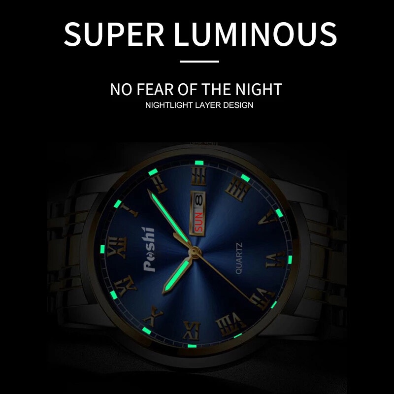 Poshi Đồng Hồ quartz Dây Thép Không Gỉ Chống Thấm Nước Phát Quang Cho Nam