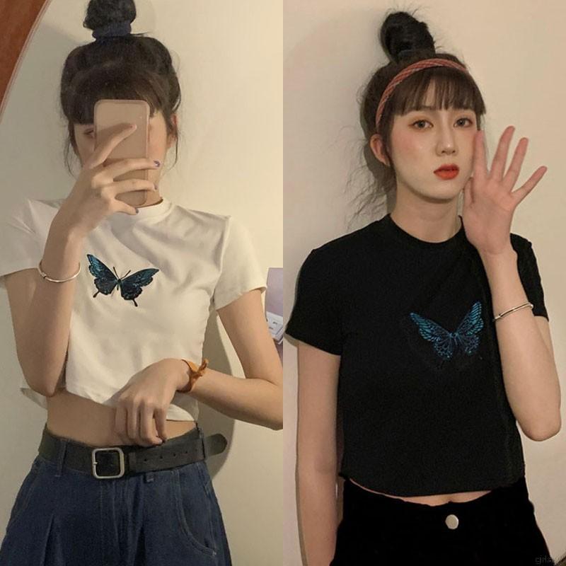 Áo Thun Tay Ngắn Thêu Hình Bướm Phong Cách Retro Hàn Quốc