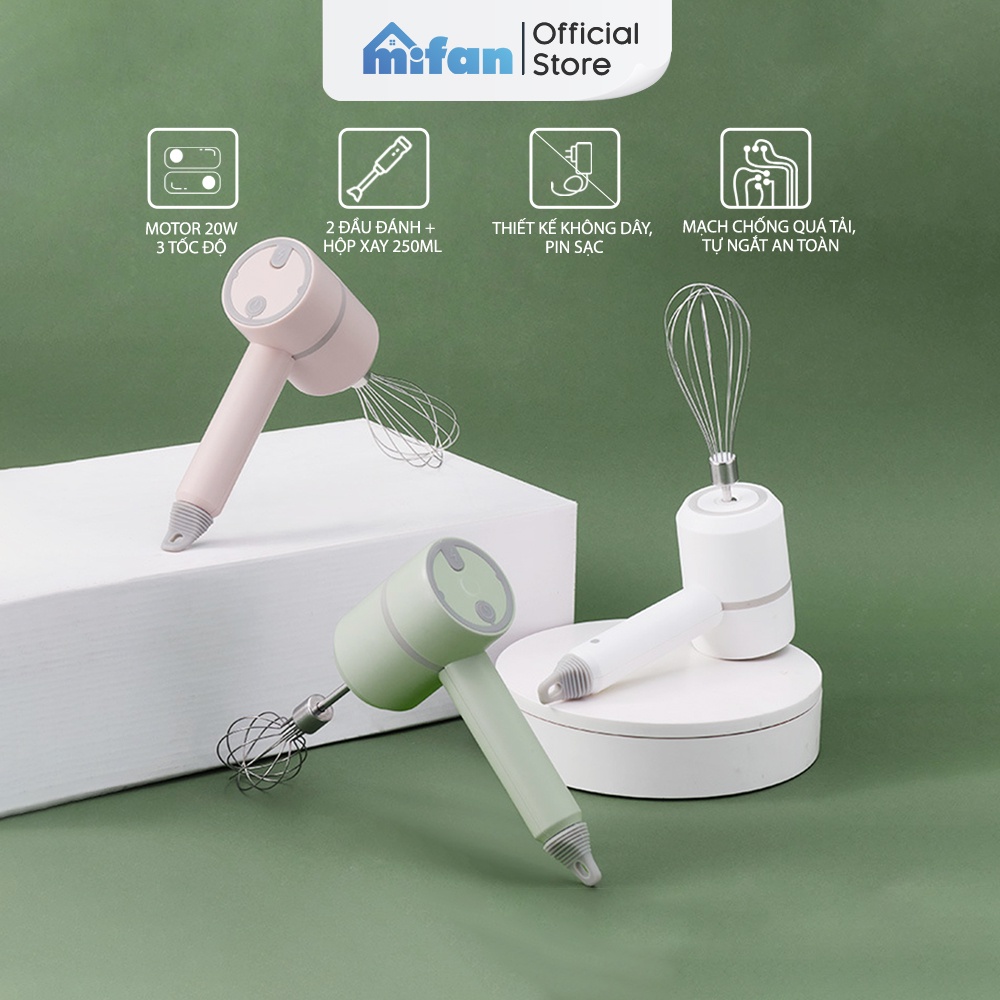 Máy Đánh Trứng Cầm Tay 3 trong 1 đa năng pin sạc MIFAN 2021 - Xay thịt tỏi ớt hạt tiêu đánh sữa cafe mini không dây