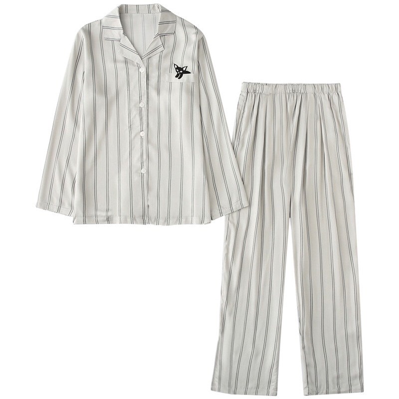 Đồ Ngủ Pijama Kẻ Sọc Lụa Mềm Bigbang Bộ Đồ Đôi Nam Nữ Mặc Thêu Hình Cún Mèo Chất Liệu Cao Cấp Phong Cách Đơn Giản