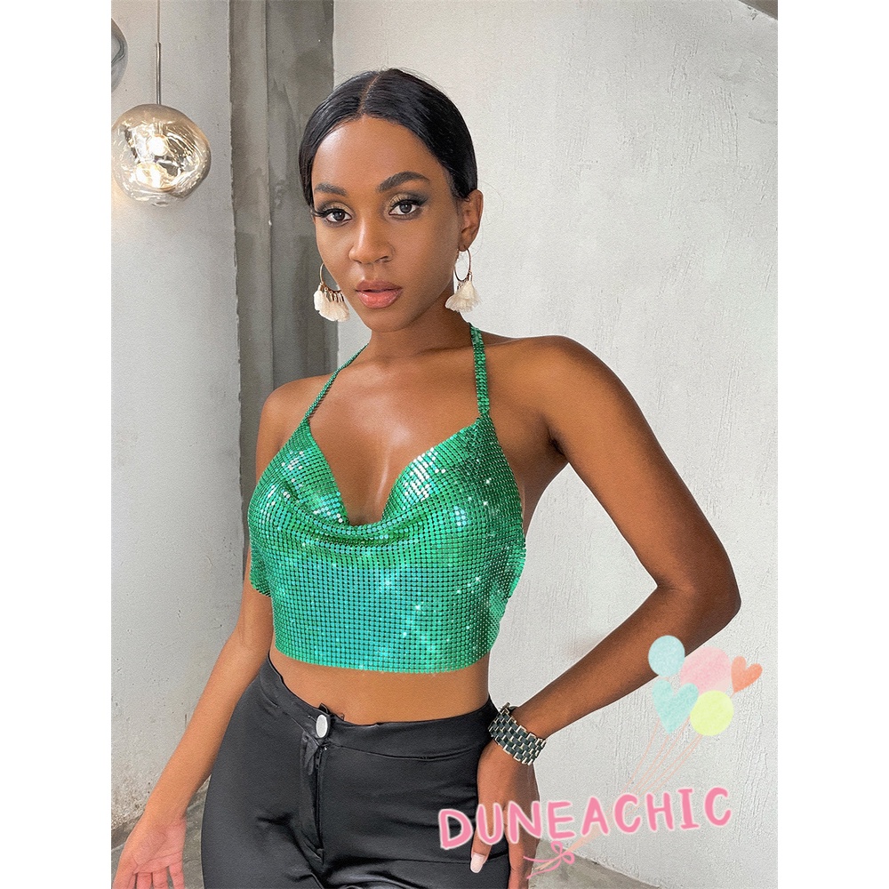 DUNEA Áo Croptop Hai Dây Kim Loại Lấp Lánh Gợi Cảm Cho Nữ