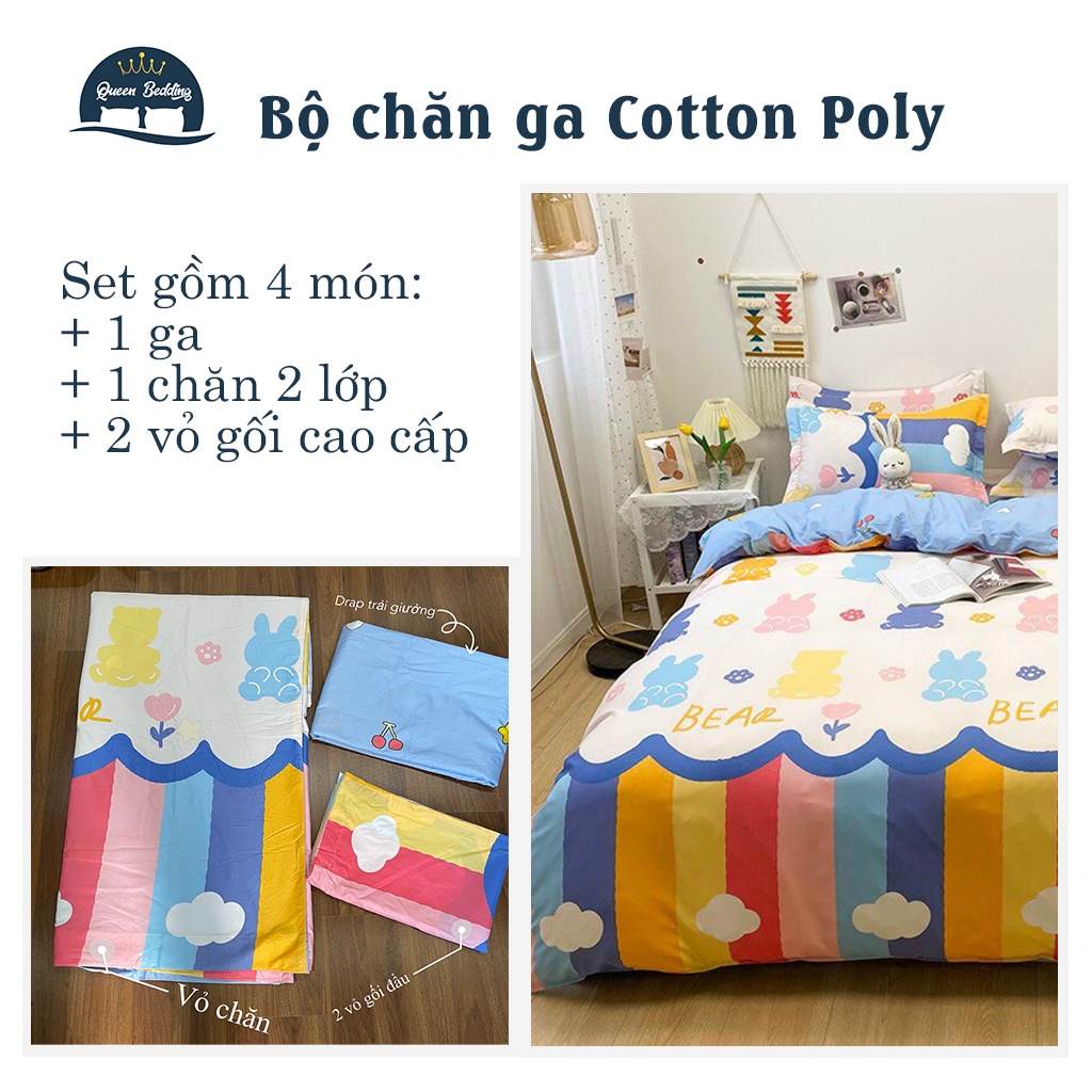 Bộ Chăn Ga Gối Cotton Poly Hình Thú Ngộ Nghĩnh - Set 4 Món Nhiều Màu, Chăn Dành Cho Mùa Hè