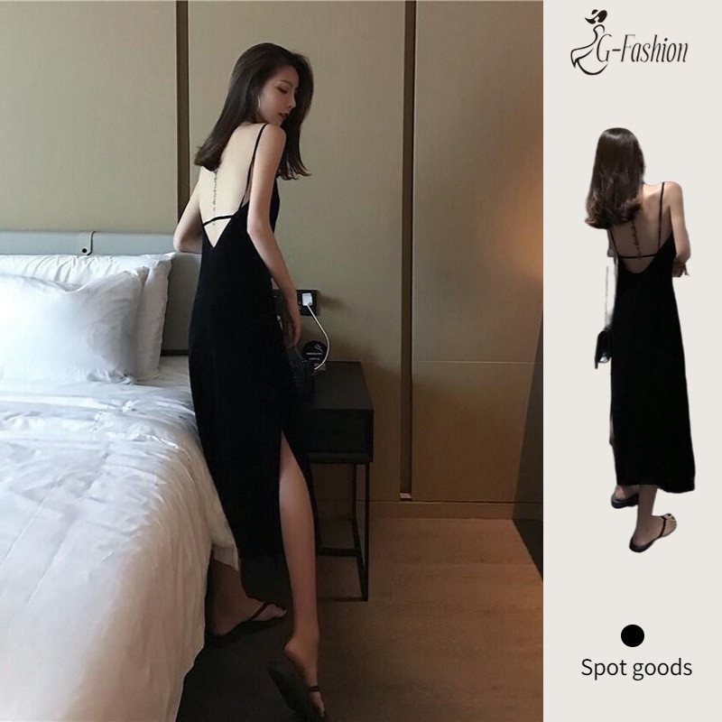 Đầm 2 Dây Hở Lưng Sexy Dáng Dài Màu Đen Phong Cách Thời Trang Pháp Cổ Điển Váy Nữ