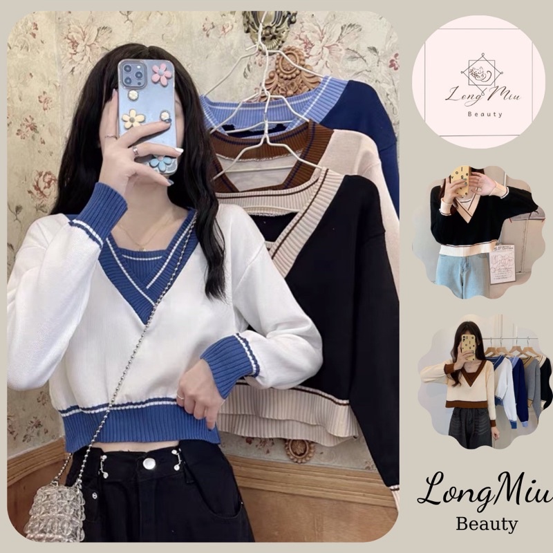 Áo len cổ chữ V thiết kế Croptop cho mù thu đông kiểu dáng ôm người cánh tay dài ( Có ảnh thật )