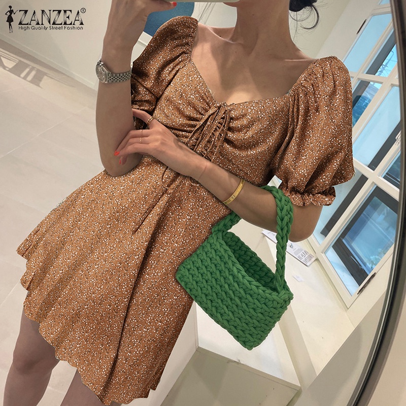 ZANZEA Đầm Tay Phồng Cổ Vuông Phối Dây Rút In Họa Tiết Thời Trang Cho Nữ