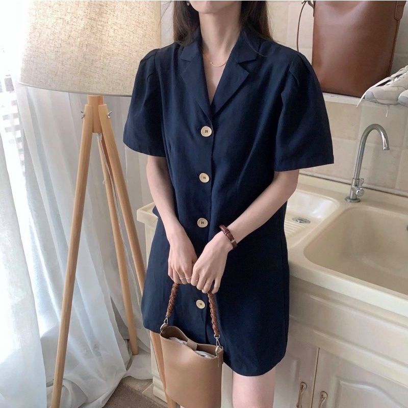 Đầm xuông xanh cổ sơ mi