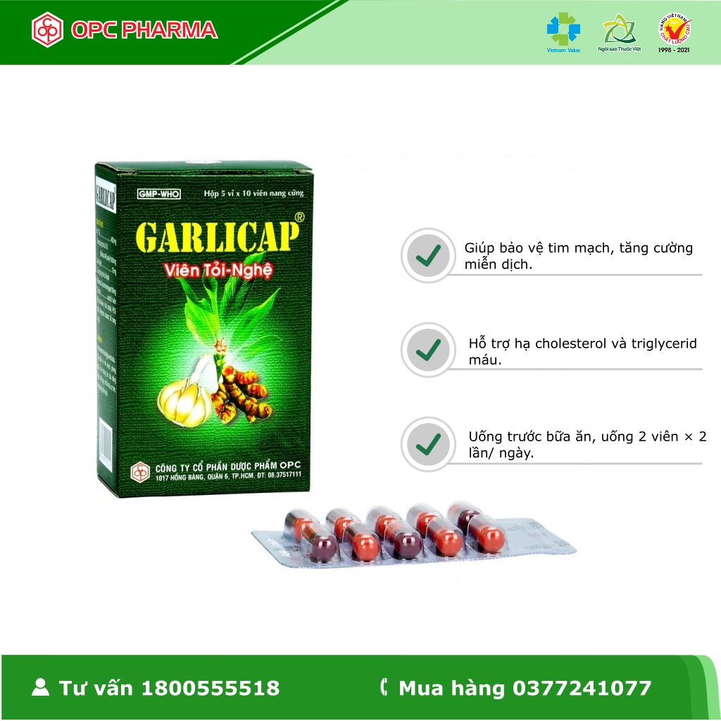 Viên tỏi nghệ GARLICAP OPC  - Giúp hạ cholesterol và triglycerid máu,...- Hàng chính hãng OPC
