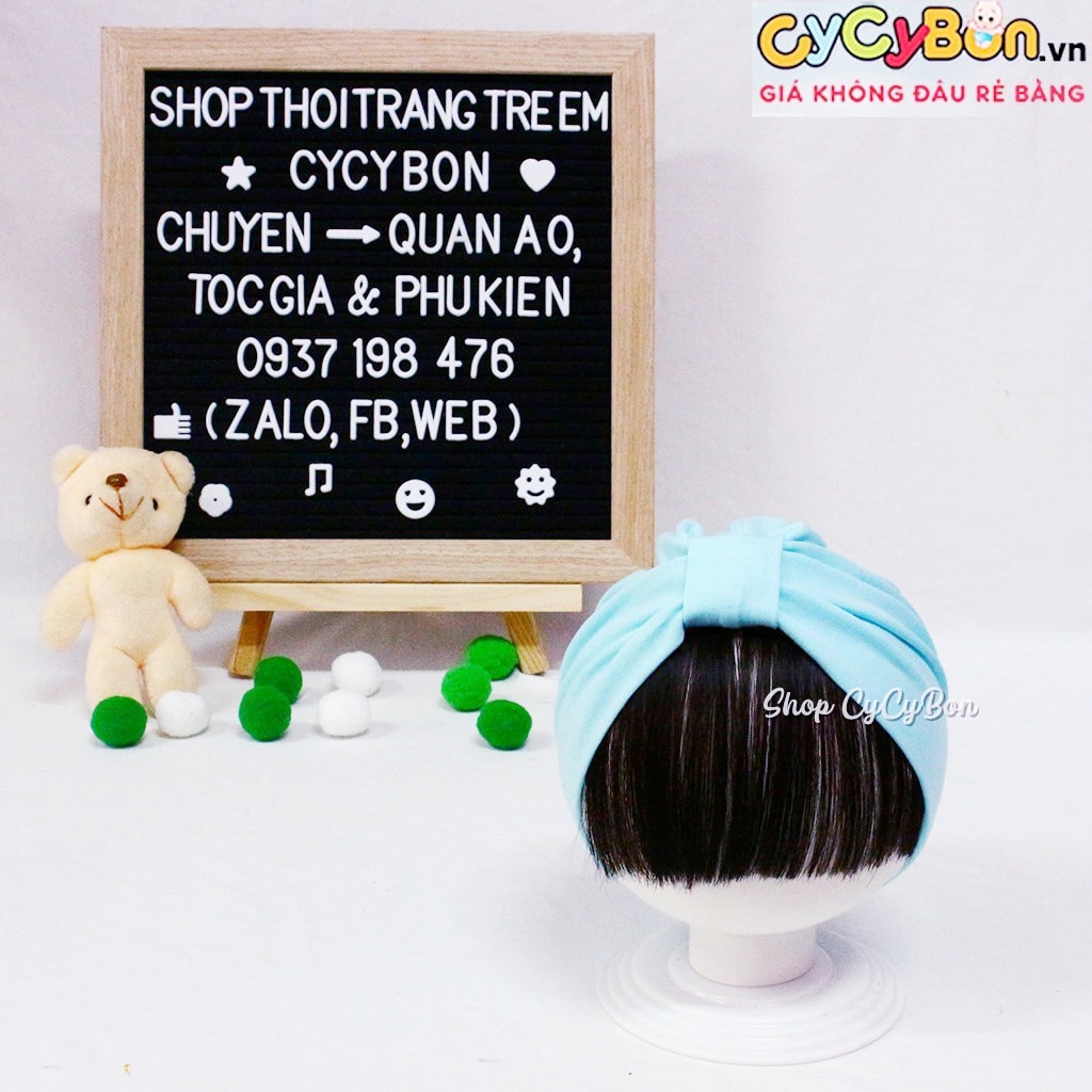 Mũ Nón Turban Tóc Giả Cho Bé Gái Thun Cotton Màu Xanh Ngọc Đính Kèm Tóc Mái - Có Size Cho Bé Từ Sơ Sinh !