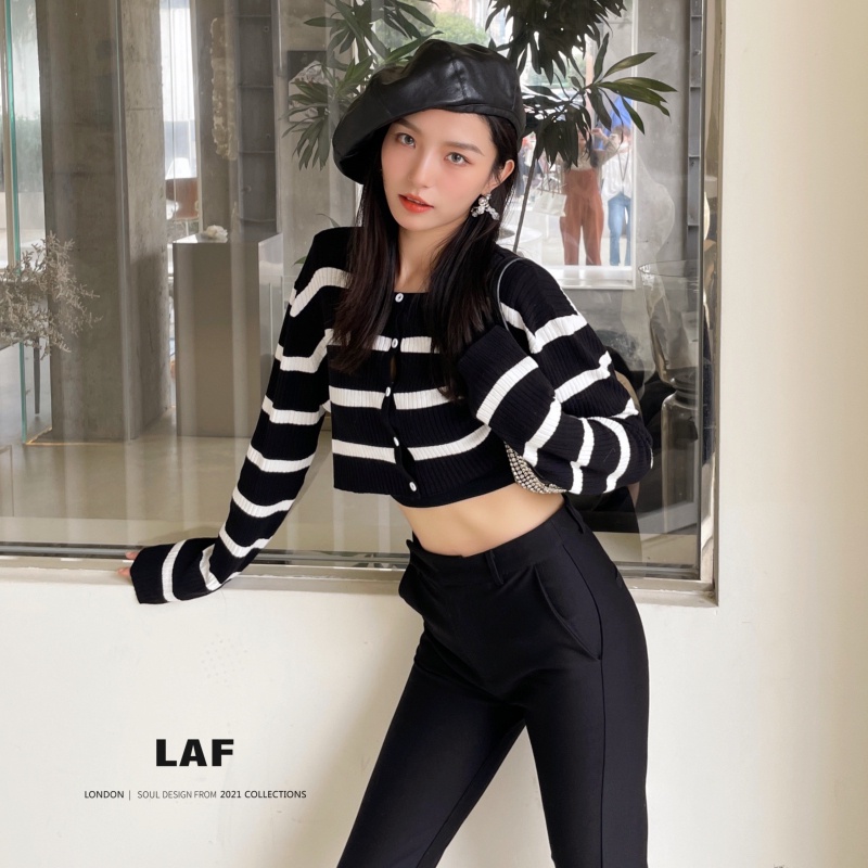 Áo cardigan ZHELIHANGFEI dệt kim kẻ sọc trắng đen lưng cao dáng ôm trẻ trung quyến rũ thời trang cho nữ