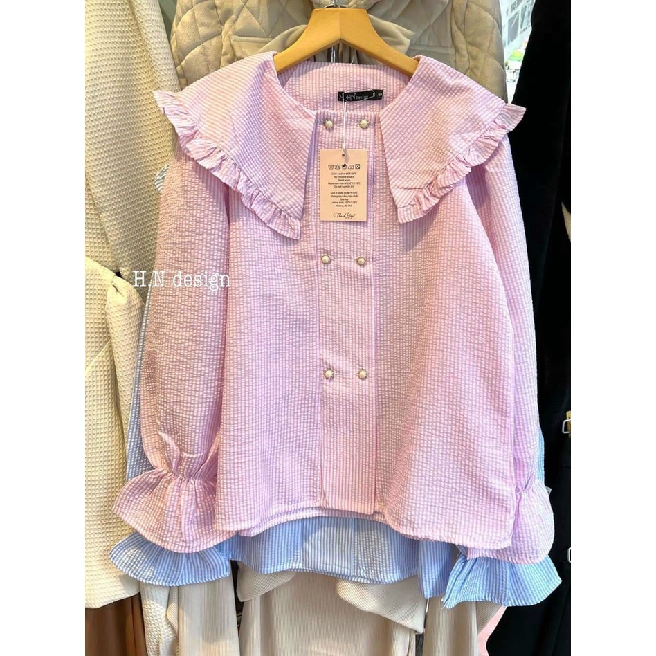 Áo sơ mi cổ viền bèo khuy ngọc 2 màu hot