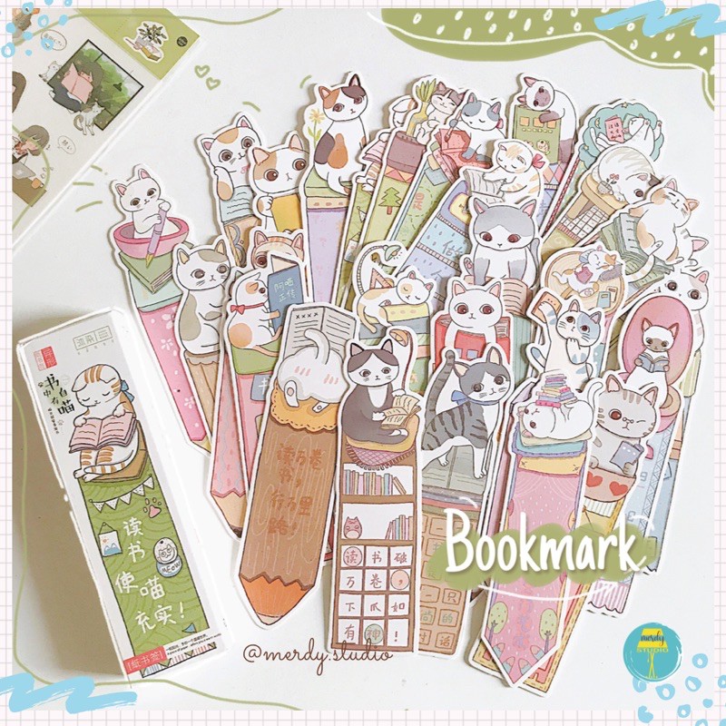 Hộp 30 bookmark cute đánh dấu trang sách hình Mèo Đọc Sách