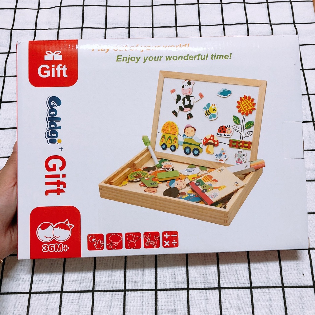 Đồ chơi giáo dục sớm thông minh, bảng gỗ ghép hình nam châm 2 mặt cao cấp có nhiều mảnh ghép kèm bút, phấn, lau bảng