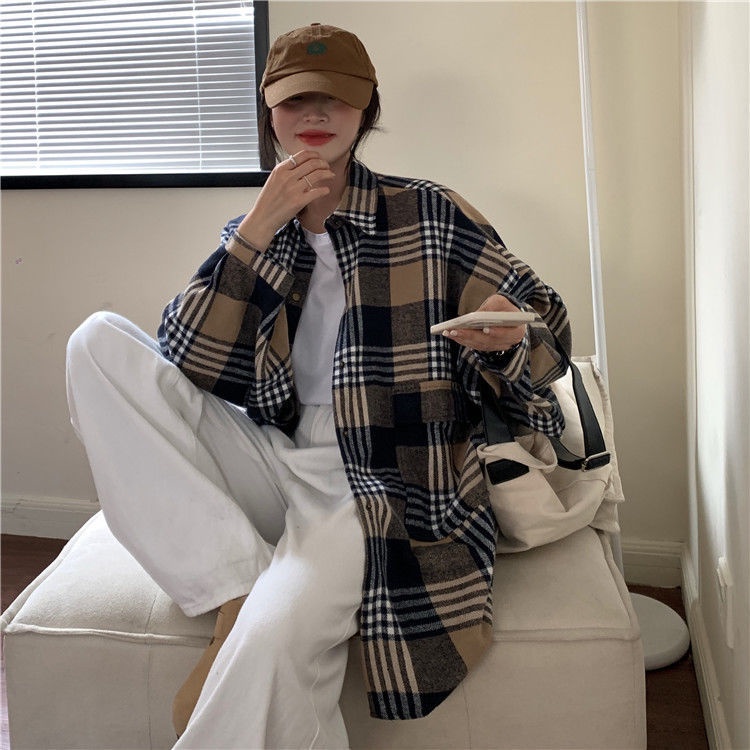 Áo khoác sơ mi tay dài dáng rộng kẻ sọc caro phong cách retro mới