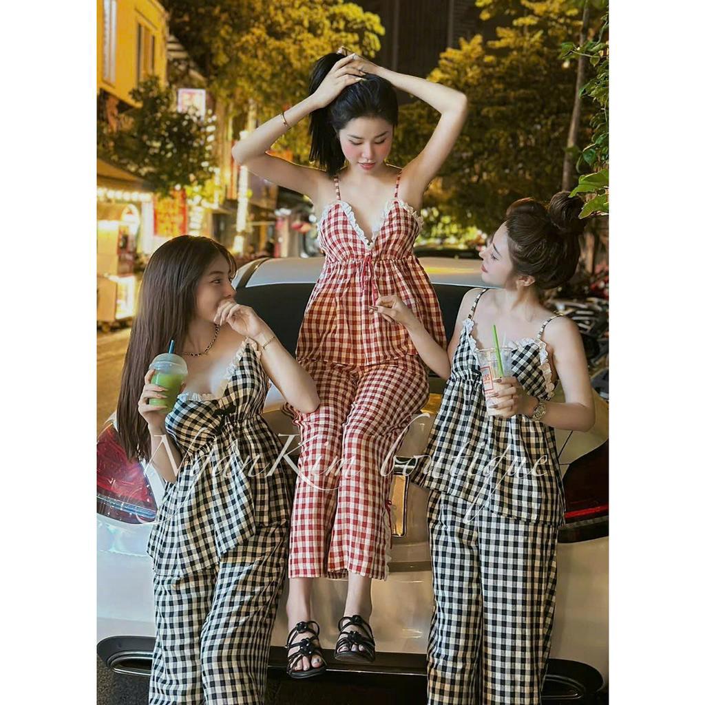 Set bộ nữ chất kate for kẻ sọc áo hai dây babydoll phối ren quyến rũ kèm quần suông dài xẻ đính nơ xinh xắn