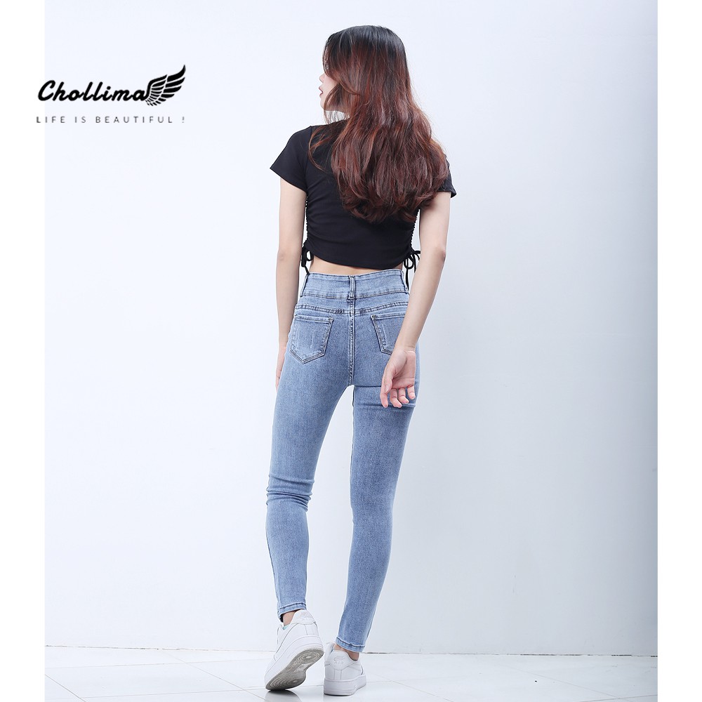 Quần jeans dài nữ co giãn Chollima cạp thường lưng bản to mài xước màu xanh nhạt QD030