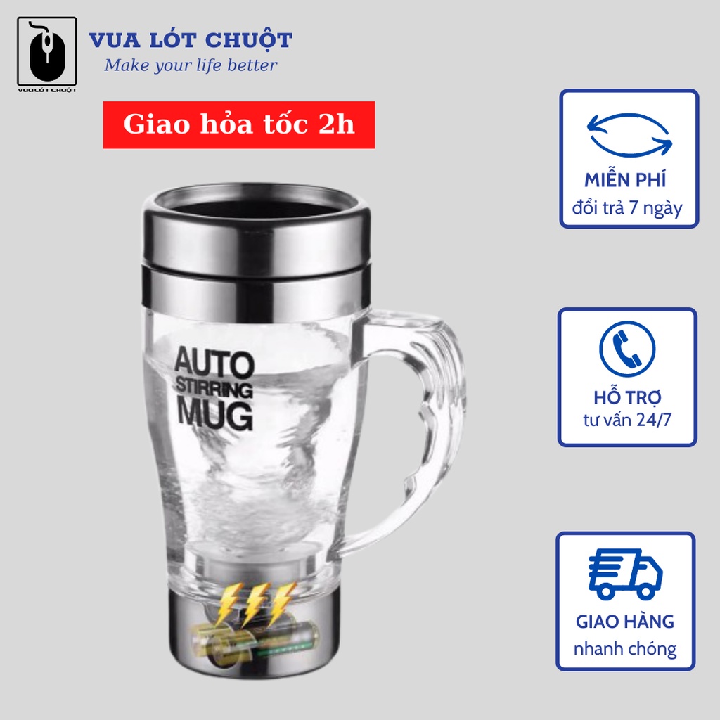 Cốc tự khuấy, Ly tự khuấy inox 304 không cần thìa dung tích 350ml [Tặng kèm Pin]