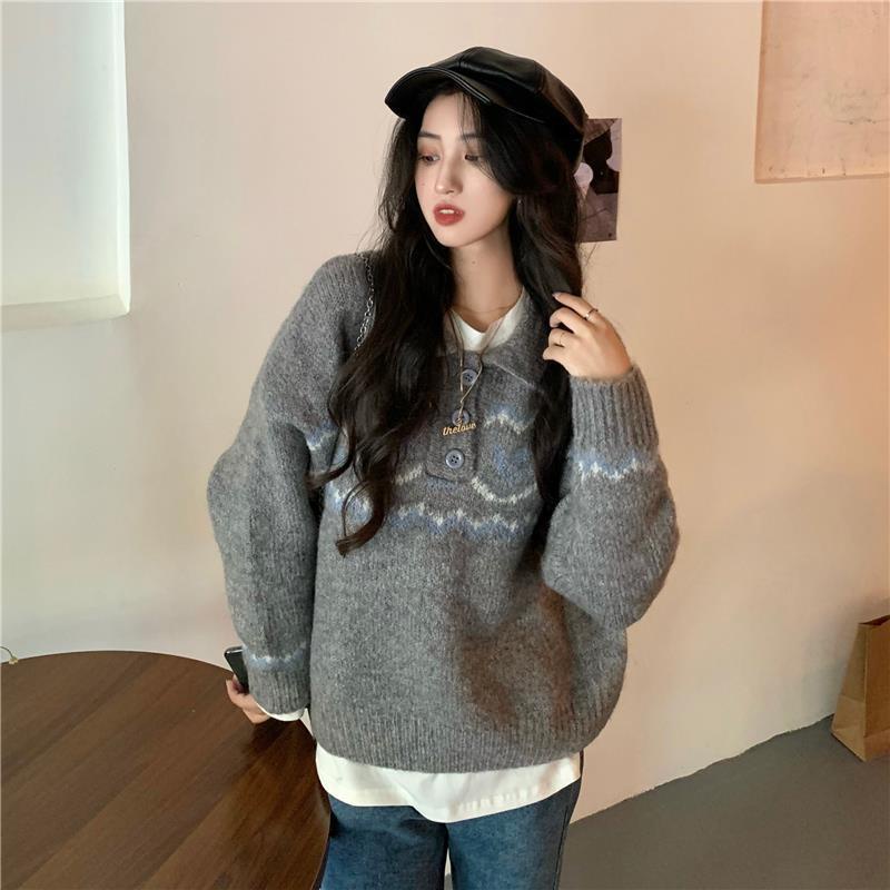 Áo thun Polo dệt kim màu sắc Retro thời trang thu đông Hàn Quốc mới cho nữ