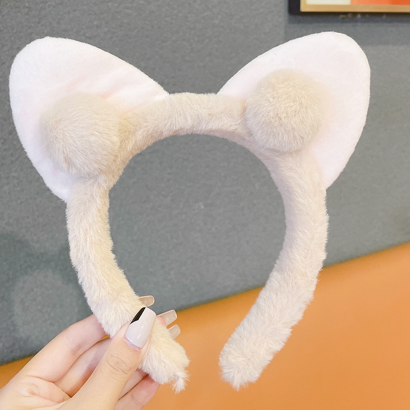 Băng Đô Cài Tóc Tai Thỏ Phối Bóng Lông Dễ Thương Phong Cách Hàn Quốc