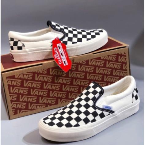 Giày Lười Slipon Nam Nữ - Giày Vans Caro Vải Đen Trắng Lót Da -
