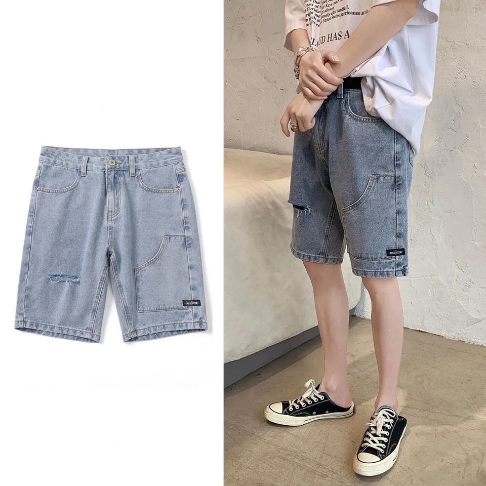 Quần Short Jean Ống Rộng Phối Rách Cá Tính Theo Phong Cách Retro Dành Cho Nam