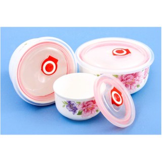 Bộ 3 bát sứ có nắp nhựa hút chân không